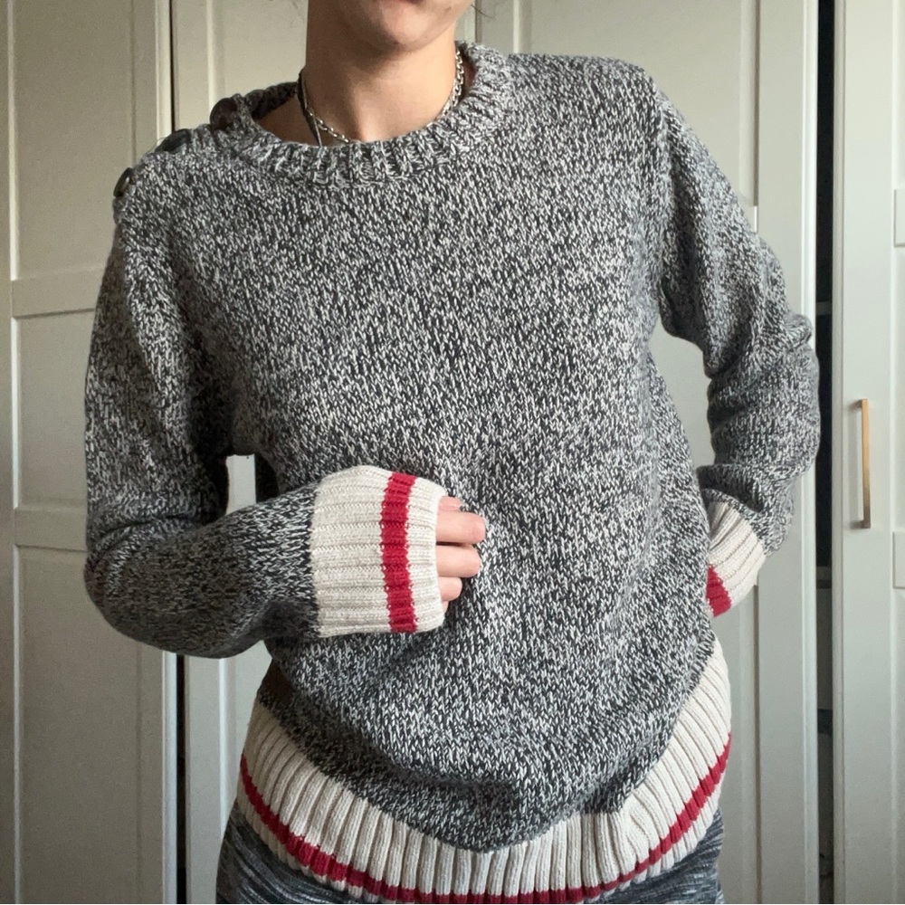 Roots Heathered Gray Sweater with Cream and Red Accents